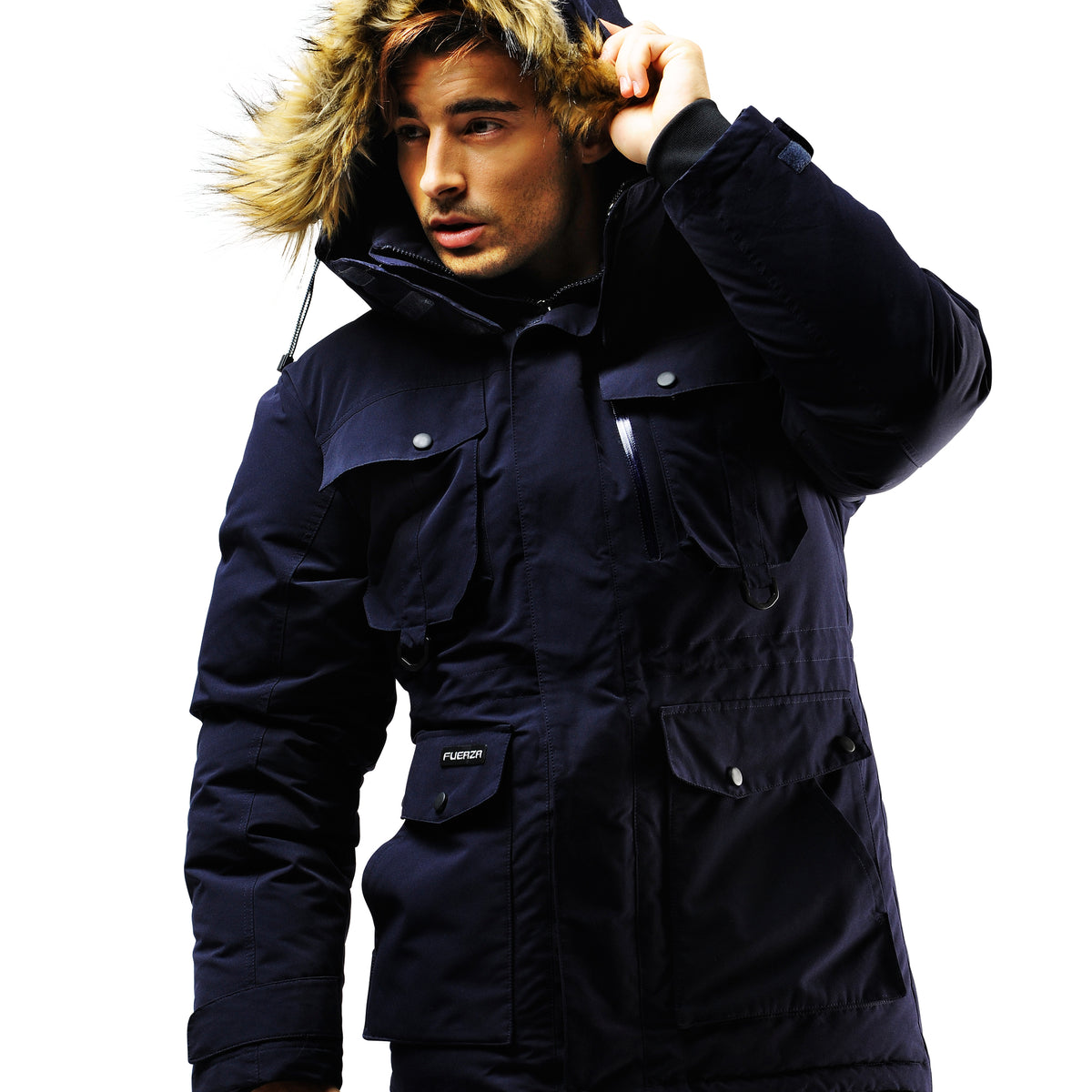 FUERZA Men's Winter Down Wellon Raccoon Fur Hooded Parka Jacket (FZX-8 ...